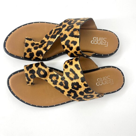 Ss 10- Franco Sarto Ginny Leather Leopard Print Calf Hair Slide Sandal - Picture 1 of 10